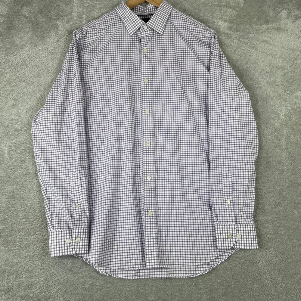 Banana Republic Button Down Shirt Mens Large Purple White Check Non-Iron Slim